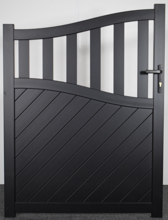 The St James - Aluminium pedestrian gate with mixed infill - Bell curved top | Supplied with lock, 3 x keys, full height lock keep receiver, full hinge pack for mounting