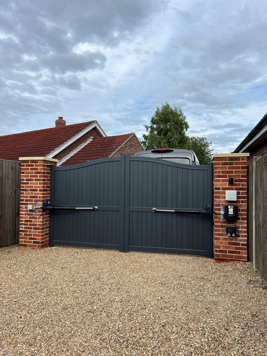 The Abbey - Aluminium Driveway Gates with vertical solid infill - Bell curved top - Standard Hinge Pack Included