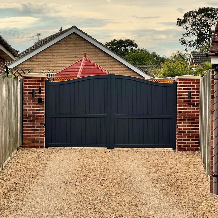 The Abbey - Aluminium Driveway Gates with vertical solid infill - Bell curved top - Standard Hinge Pack Included