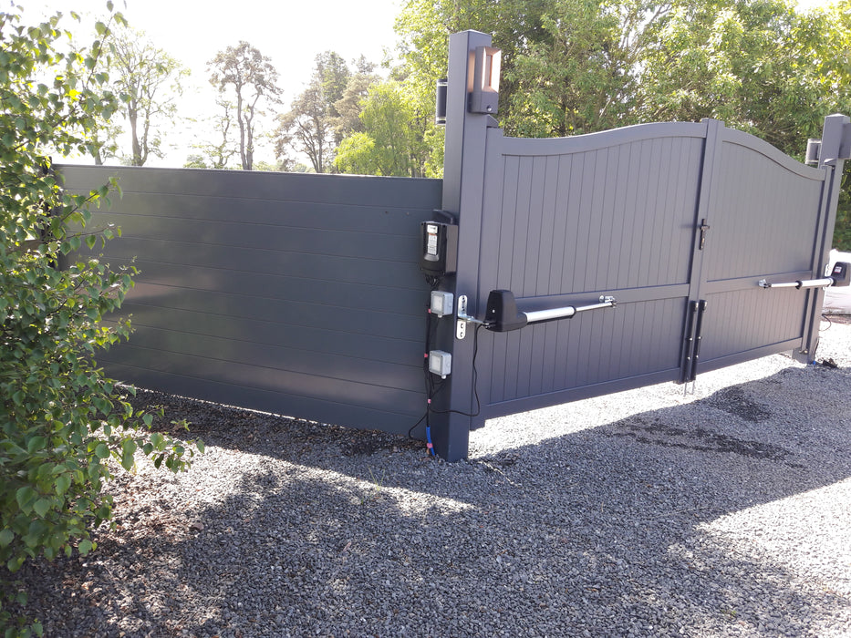 The Abbey - Aluminium Driveway Gates with vertical solid infill - Bell curved top - Standard Hinge Pack Included