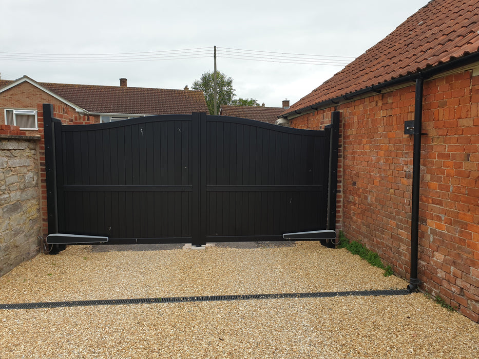 The Abbey - Aluminium Driveway Gates with vertical solid infill - Bell curved top - Standard Hinge Pack Included