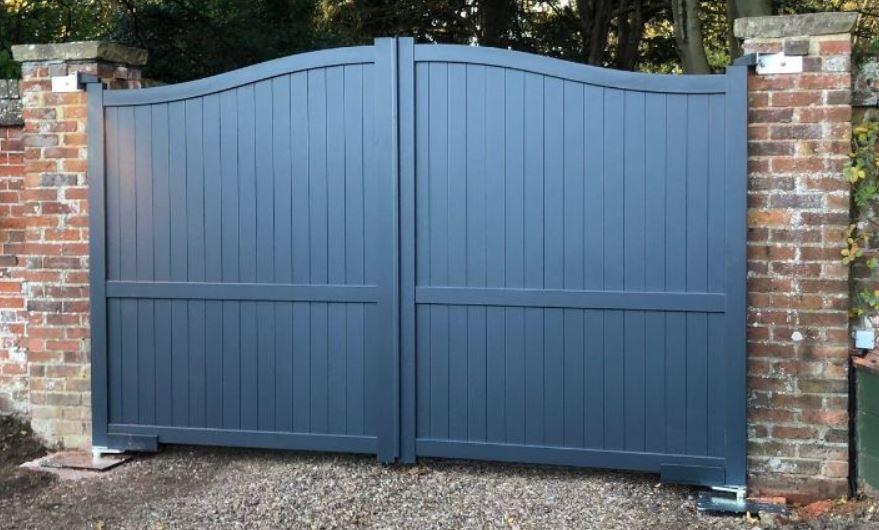 The Abbey - Aluminium Driveway Gates with vertical solid infill - Bell curved top - Standard Hinge Pack Included