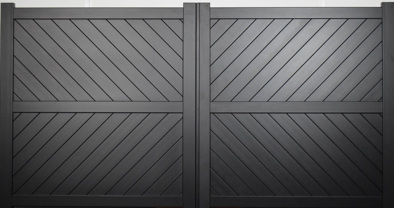 The Strand - Aluminium Driveway Gates with diagonal solid infill - Flat top - Standard Hinge Pack Included
