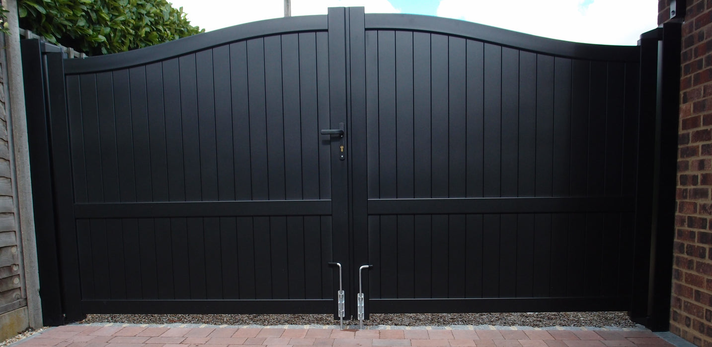 The Abbey - Aluminium Driveway Gates with vertical solid infill - Bell curved top - Standard Hinge Pack Included