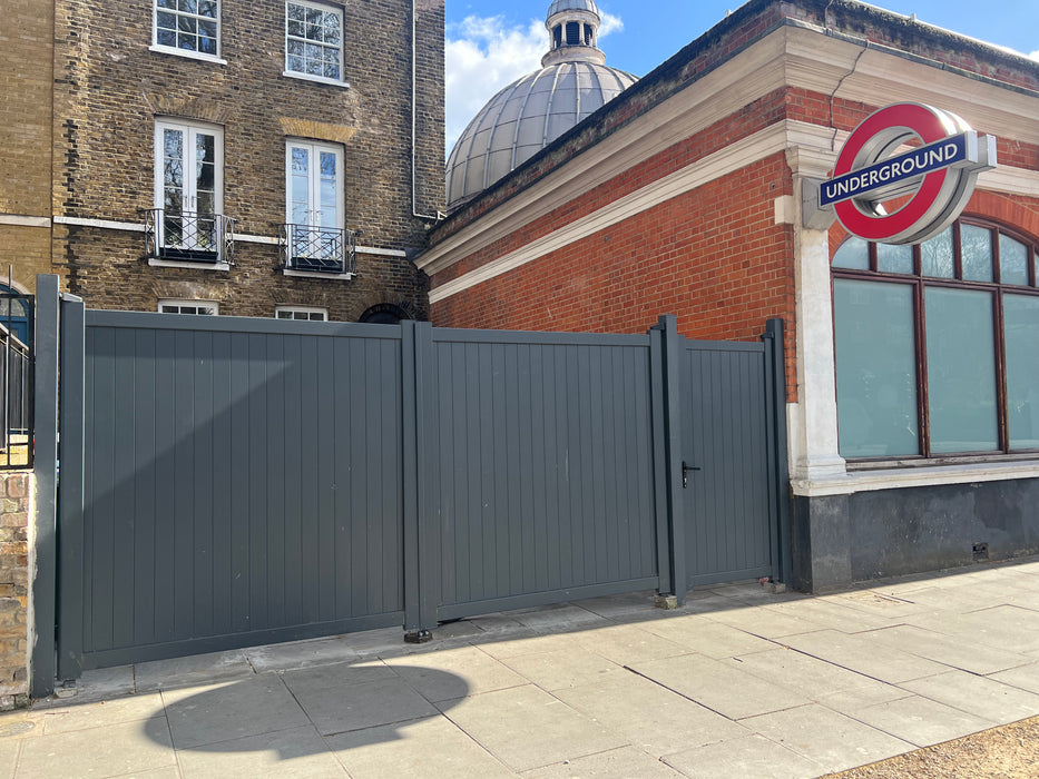 The Portobello - Aluminium Driveway Gates with vertical solid infill - Flat top - Standard Hinge Pack Included