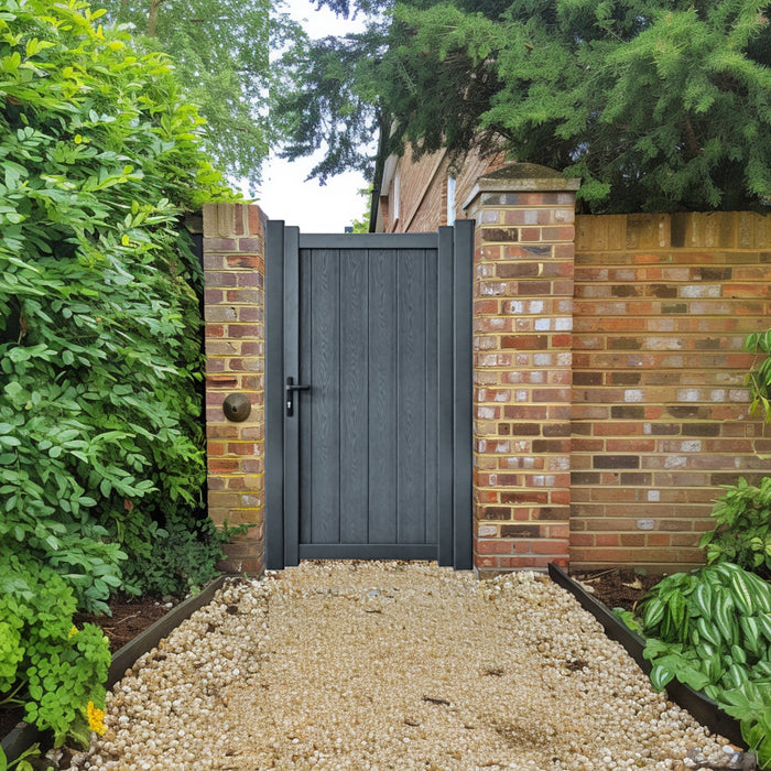 The Portobello - Composite pedestrian gate with aluminium frame and solid infill - Vertical slats - Flat top - Supplied with lock, 3 x keys, full height lock keep receiver, full hinge pack for mounting