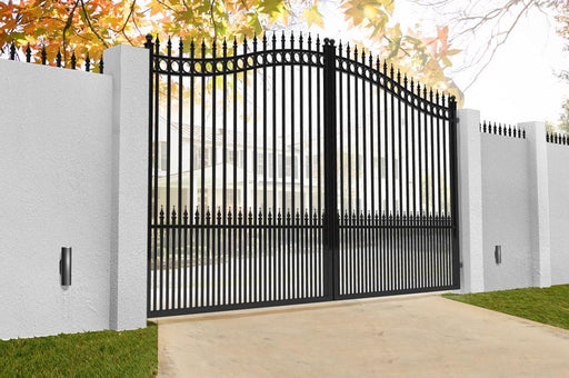 Ornate aluminium double swing gate - Bell curved top. Colour: Black (Powder Coated). The heights provided are of the centre point which drops by 200mm at the outer hinge side. Robust and lightweight. Aluminium is a perfect material for the fabrication of gates - strong, stable and lighter than traditional materials.
