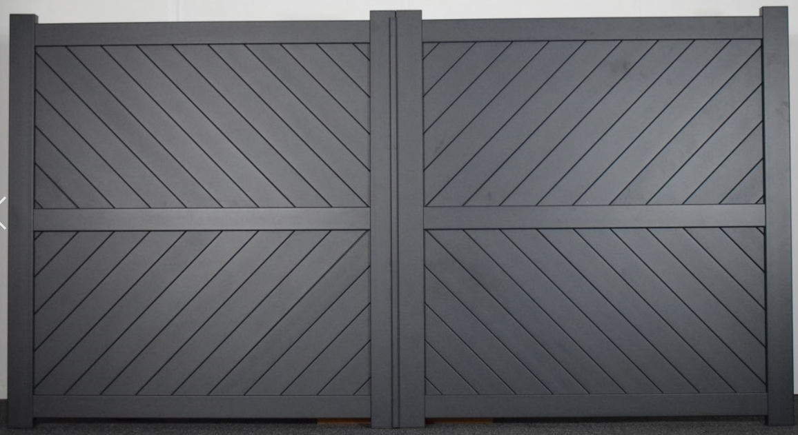 Aluminium double swing gate with diagonal solid infill - Flat top - Full Hinge Pack Included