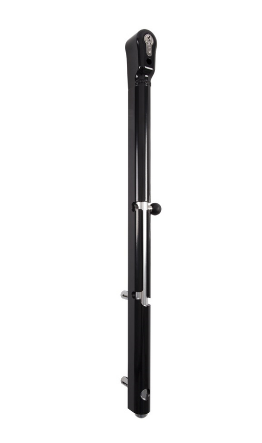 A vertical lockable drop bolt with a cylindrical lock mechanism, primarily black in color.