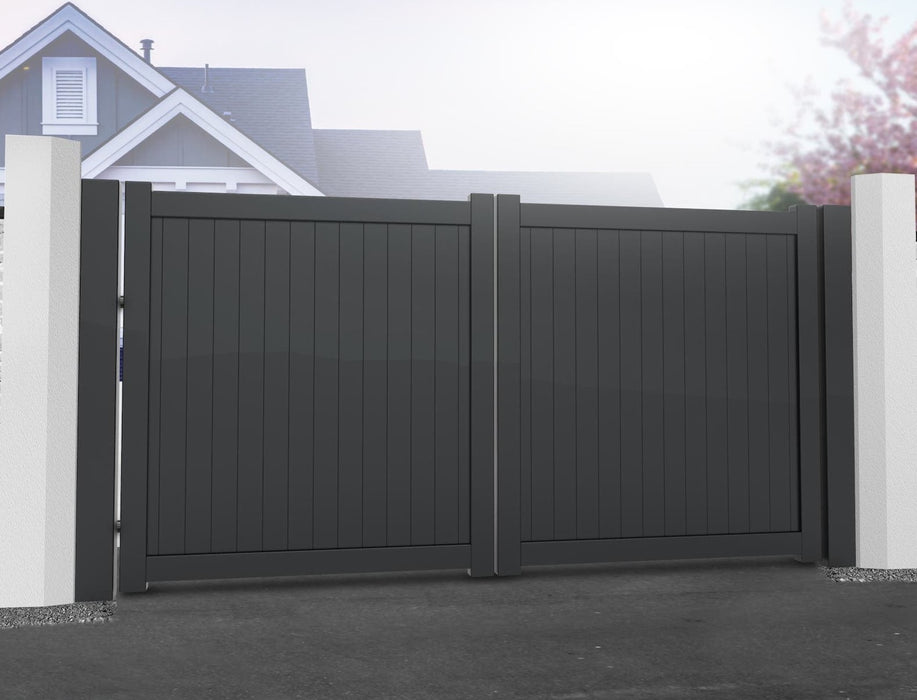 The Portobello - Aluminium double swing gate with vertical solid infill - Flat top - Full Hinge Pack Included