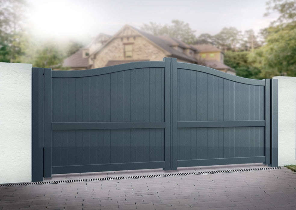 The Abbey - Aluminium double swing gate with vertical solid infill - Bell curved top - Full Hinge Pack Included